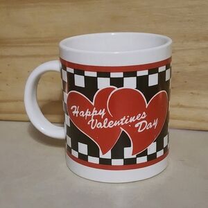 TIF Happy Valentines Day Mug White Red Black Hearts Checkered Ceramic Coffee Cup